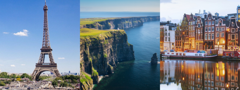 Image highlighting locations in Paris, Ireland, and Amsterdam